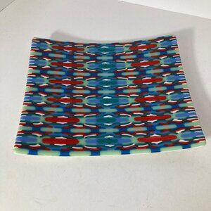 Tapestry Fused Art Glass Curved‎ Trinket Tray Plate Red Green Blue White 7.5 x 9